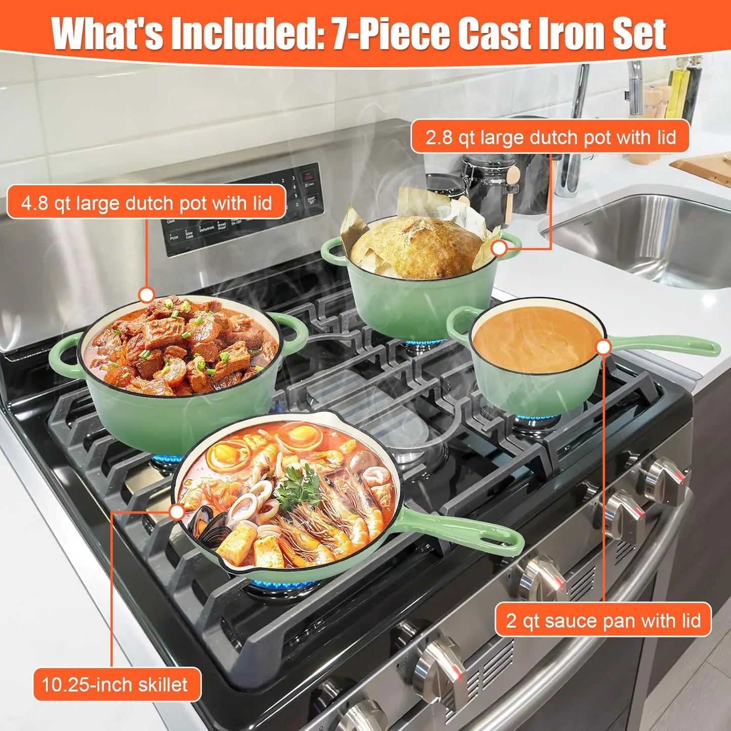 7 Pcs Nonstick Enameled Cast Iron Cookware Set