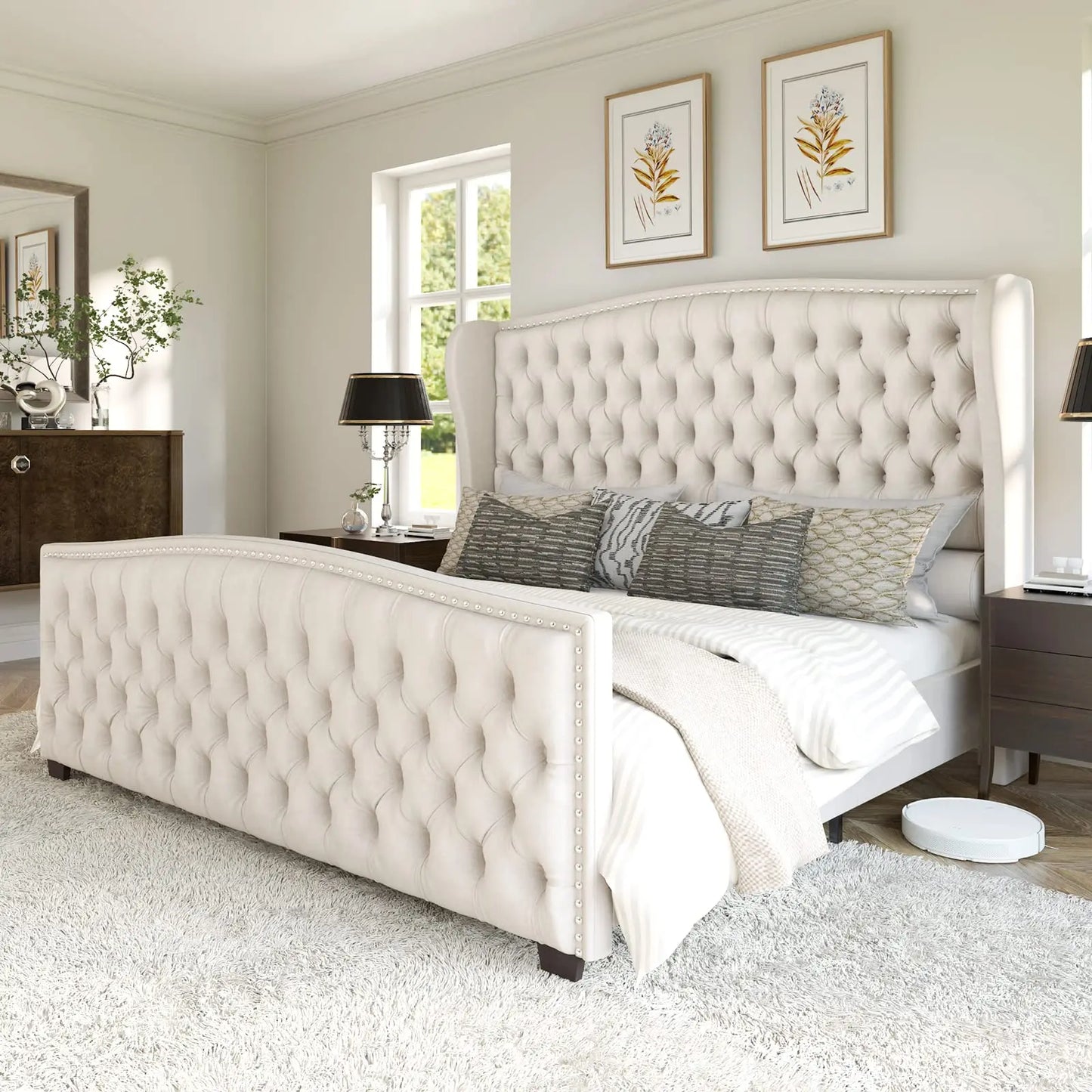 Velvet Upholstered Queen Size Platform Bed Frame