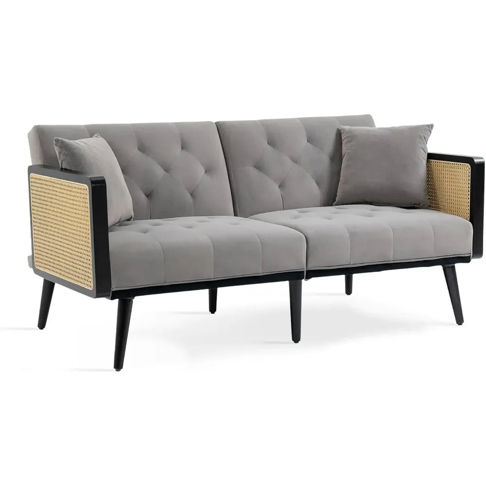 Velvet Loveseat Sofa with Rattan Armrests and 2 Pillows, Modern Convertible