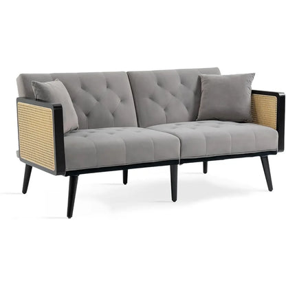 Velvet Loveseat Sofa with Rattan Armrests and 2 Pillows, Modern Convertible