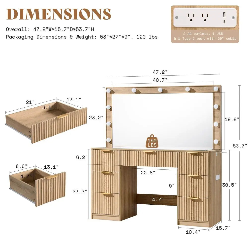 All in One 47.2in Fluted Vanity Desk with Large Mirror and Adjustable LED Lights
