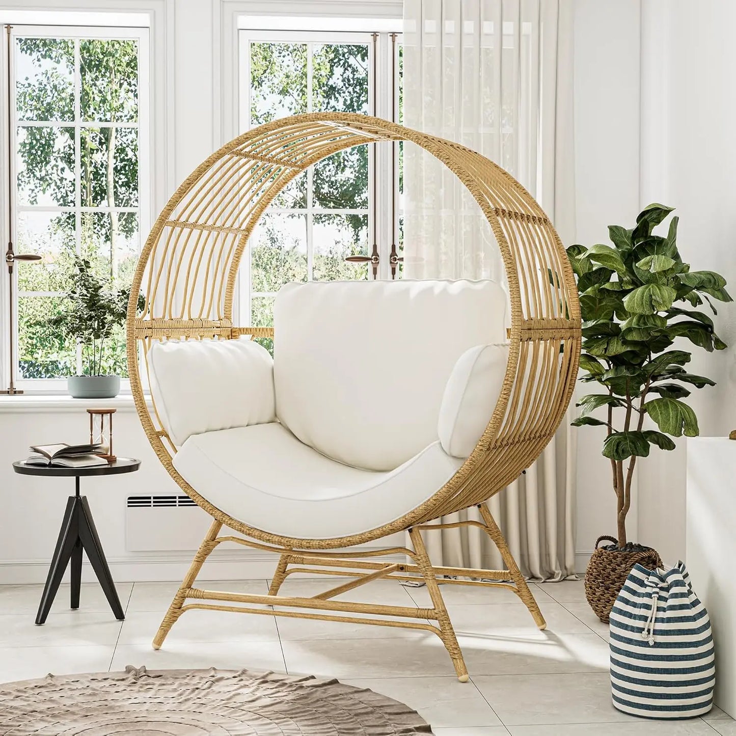 Oversized Egg Chair Indoor/Outdoor Rattan Hanging Basket Chair with Thickened Cushion Supports 350LBS  Wicker Patio Lounge Chair