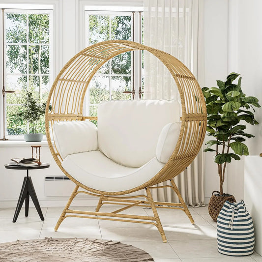 Oversized Egg Chair Indoor/Outdoor Rattan Hanging Basket Chair with Thickened Cushion Supports 350LBS  Wicker Patio Lounge Chair