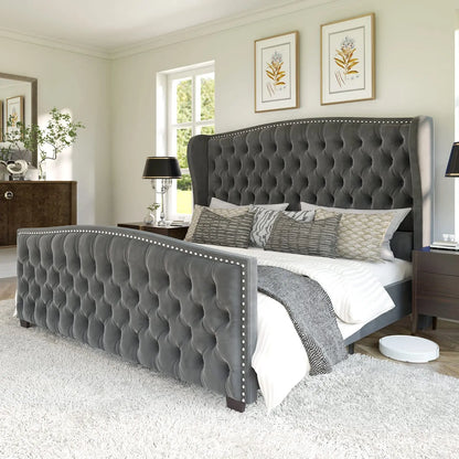 Velvet Upholstered Queen Size Platform Bed Frame