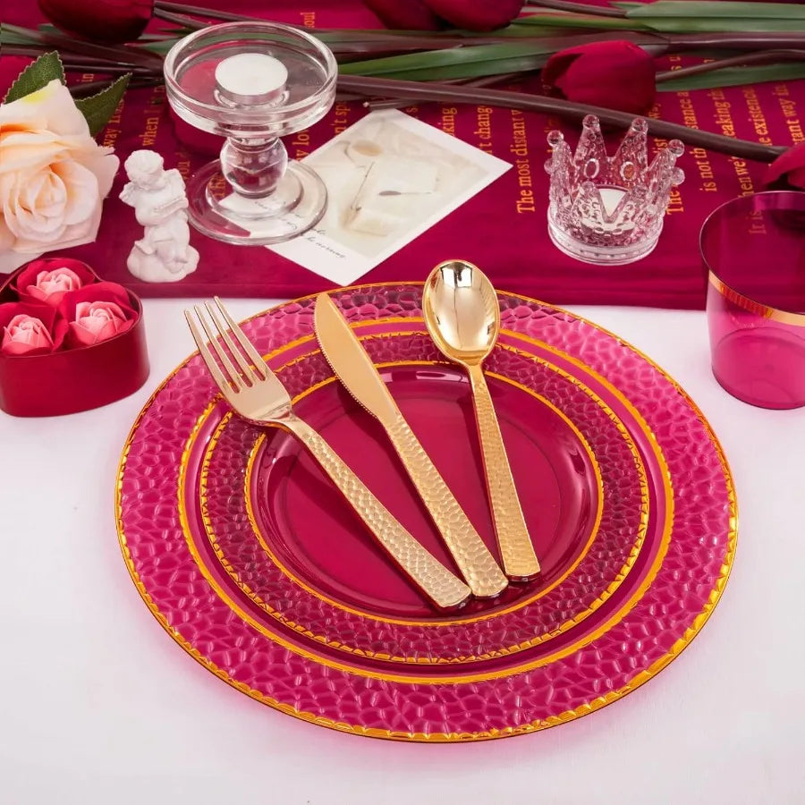 150 PCS-Red and Gold Disposable Plate Set