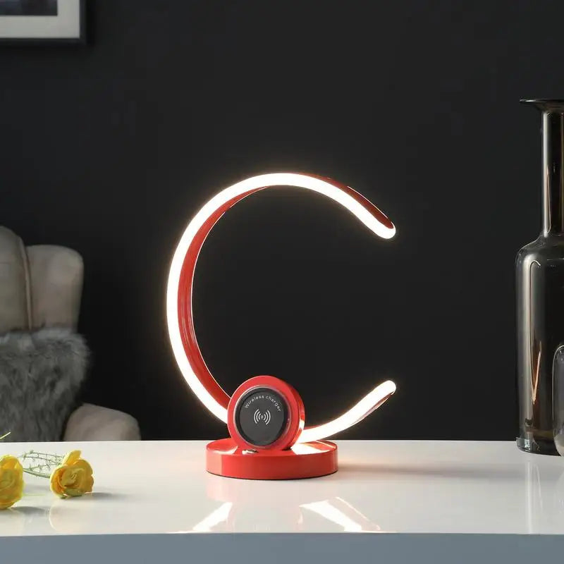 13.25" Modern C-Shaped LED Table Lamp with USB Wireless Charger and Touch Dimmer