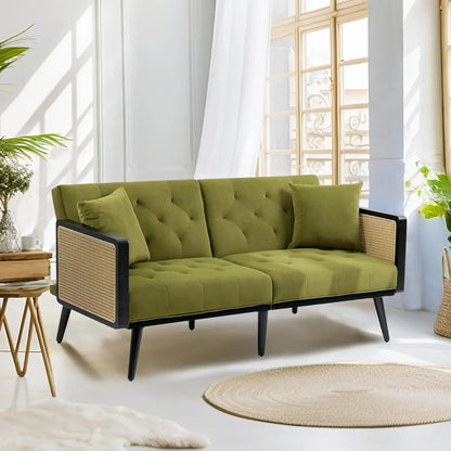 Velvet Loveseat Sofa with Rattan Armrests and 2 Pillows, Modern Convertible
