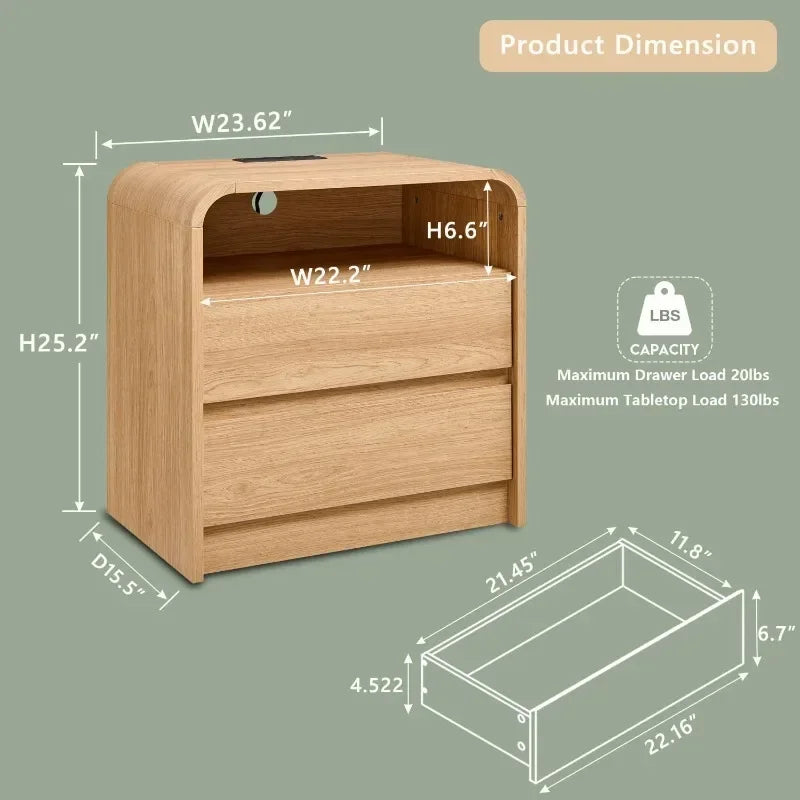 25" Tall Modern Nightstand with Charging Station