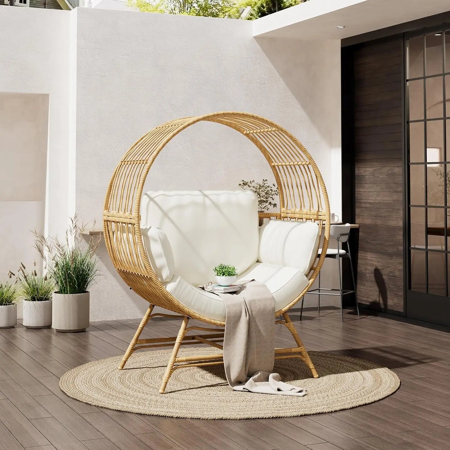 Oversized Egg Chair Indoor/Outdoor Rattan Hanging Basket Chair with Thickened Cushion Supports 350LBS  Wicker Patio Lounge Chair