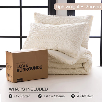 Boho Ivory Sherpa Fleece Comforter Set, Queen, King, Twin