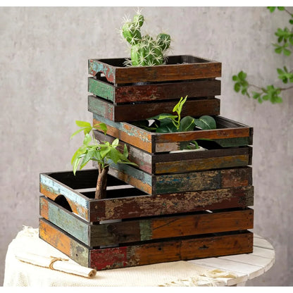 Set of 3 Rustic Distressed Wood Nesting Crates