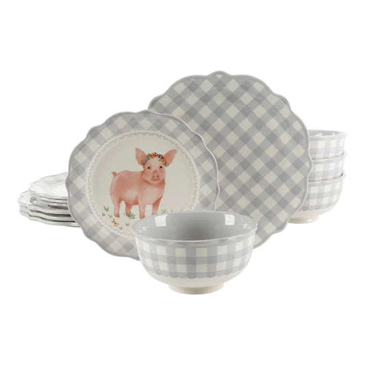 Gingham 12 Piece Dinnerware Set Ceramic Scalloped Edge