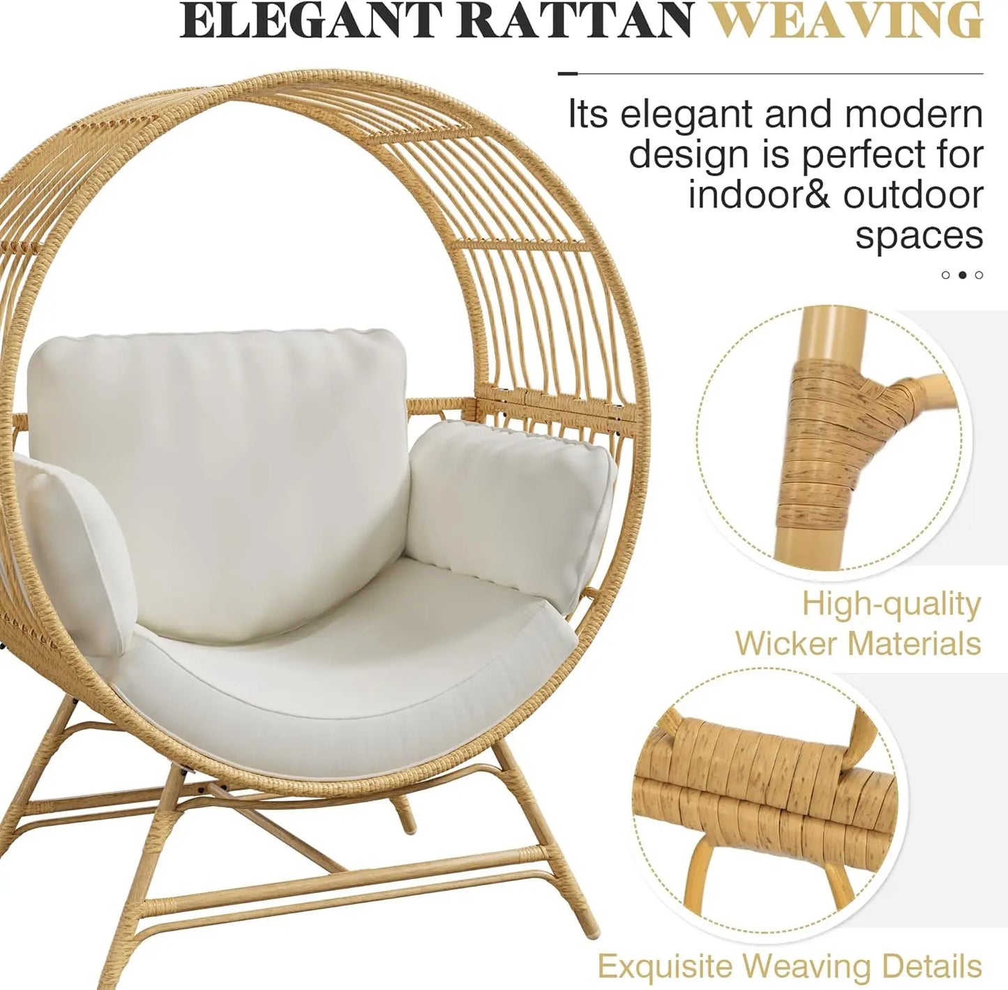 Oversized Egg Chair Indoor/Outdoor Rattan Hanging Basket Chair with Thickened Cushion Supports 350LBS  Wicker Patio Lounge Chair
