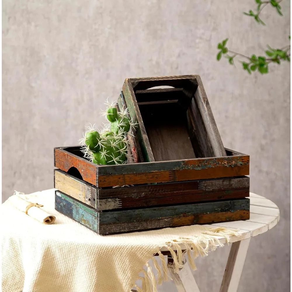 Set of 3 Rustic Distressed Wood Nesting Crates
