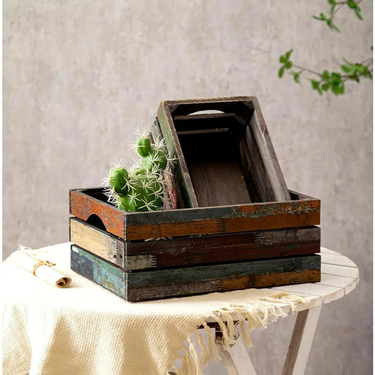 Set of 3 Rustic Distressed Wood Nesting Crates