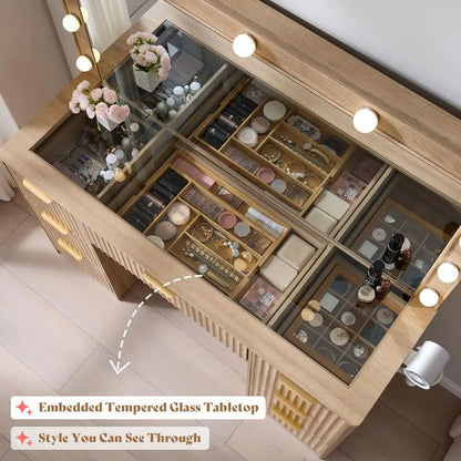 All in One 47.2in Fluted Vanity Desk with Large Mirror and Adjustable LED Lights