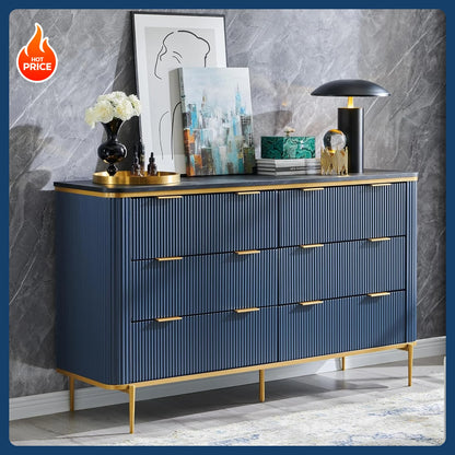 Modern Flute 6 Drawers Dresser with Gold Accents