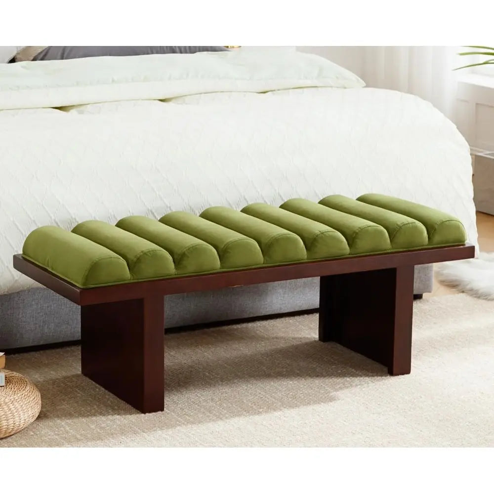 Green Velvet Upholstered Cylindrical End of Bed Bench