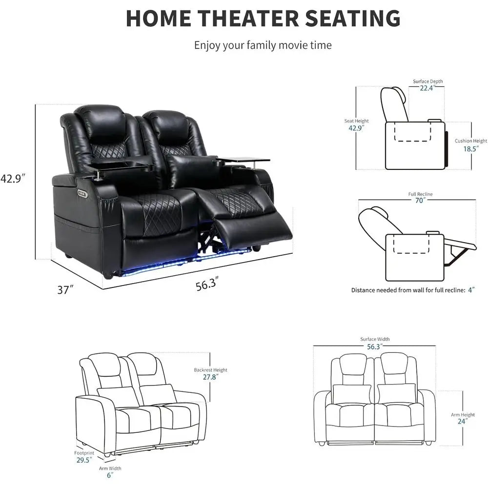 Black Theater Recliners with 7-Color Ambient Lighting
