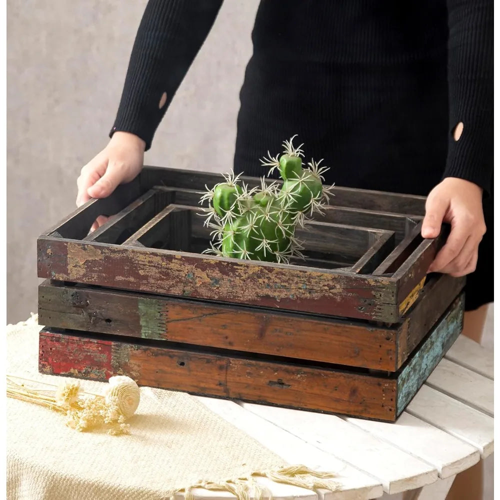 Set of 3 Rustic Distressed Wood Nesting Crates