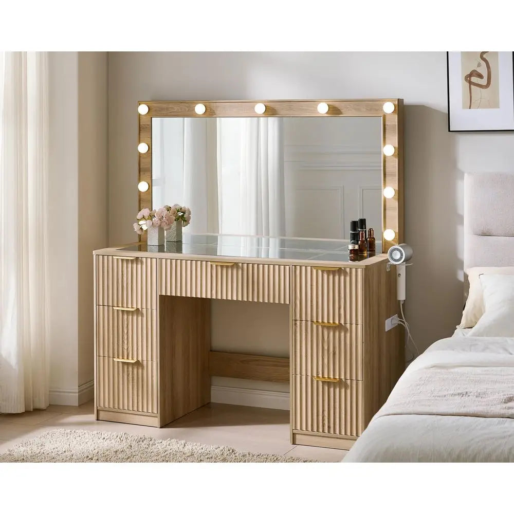 All in One 47.2in Fluted Vanity Desk with Large Mirror and Adjustable LED Lights
