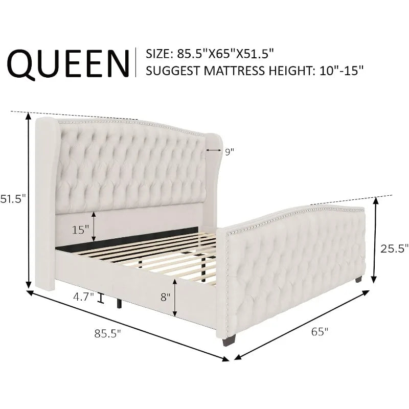Velvet Upholstered Queen Size Platform Bed Frame
