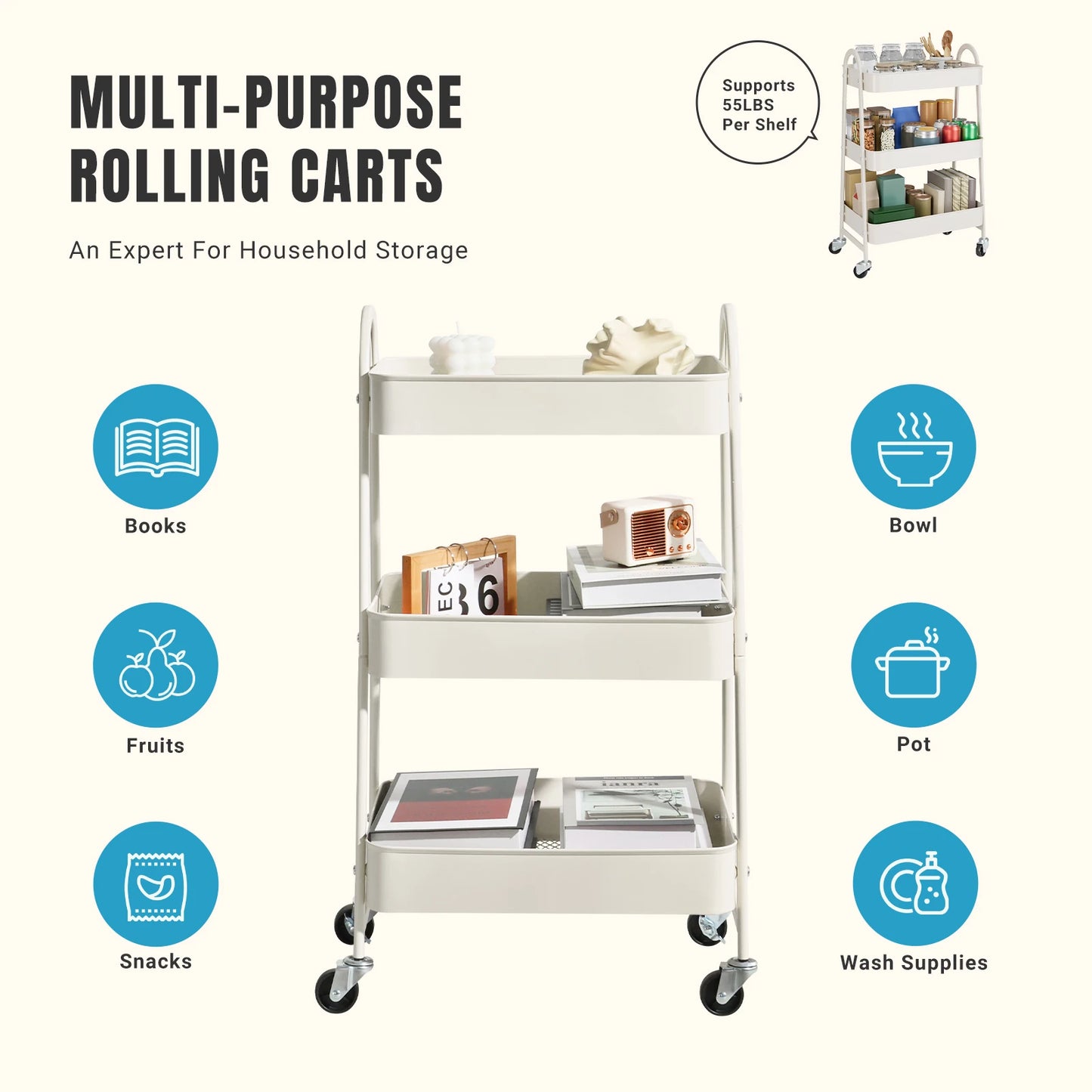 3 Tier Metal Kitchen Storage Cart