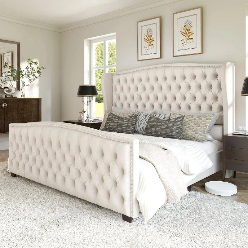 Velvet Upholstered Queen Size Platform Bed Frame