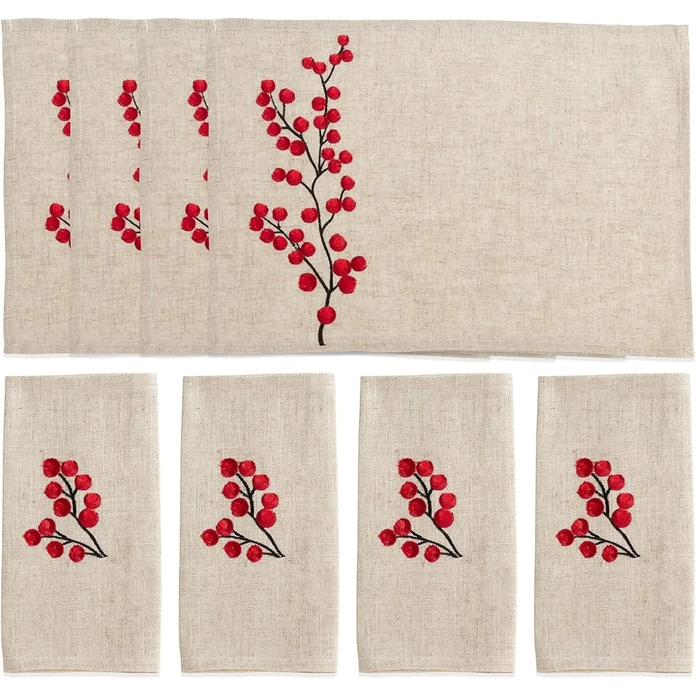 Embroidered Berry Design Placemat and Napkin set for 8