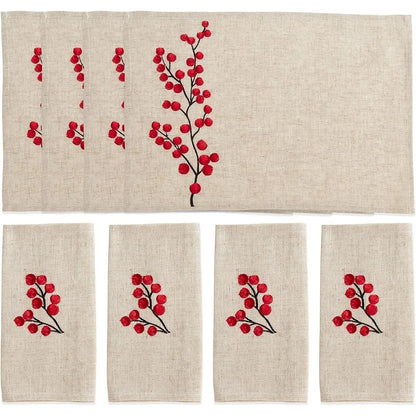 Embroidered Berry Design Placemat and Napkin set for 8