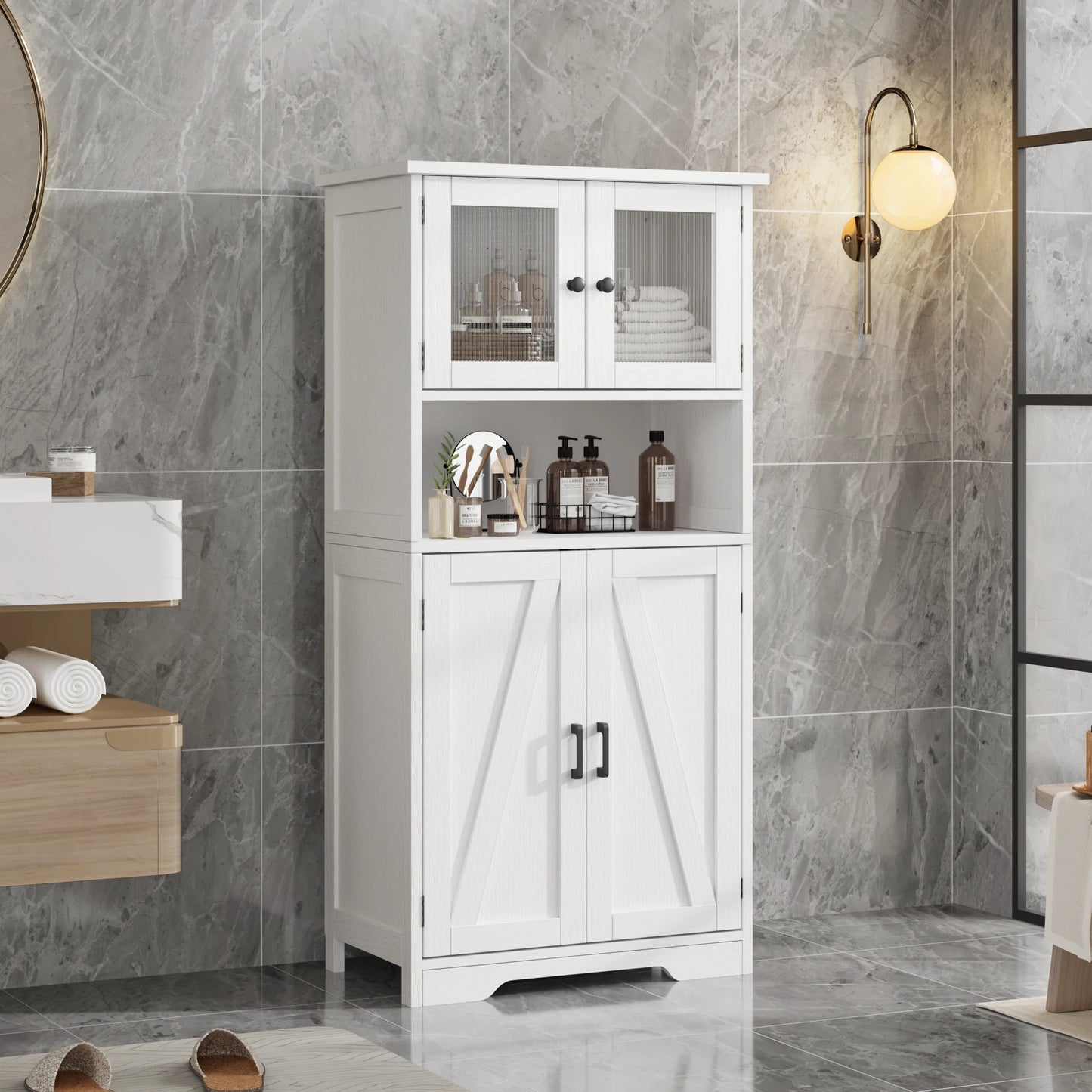 Kitchen Pantry Cupboard with Tempered Glass Doors