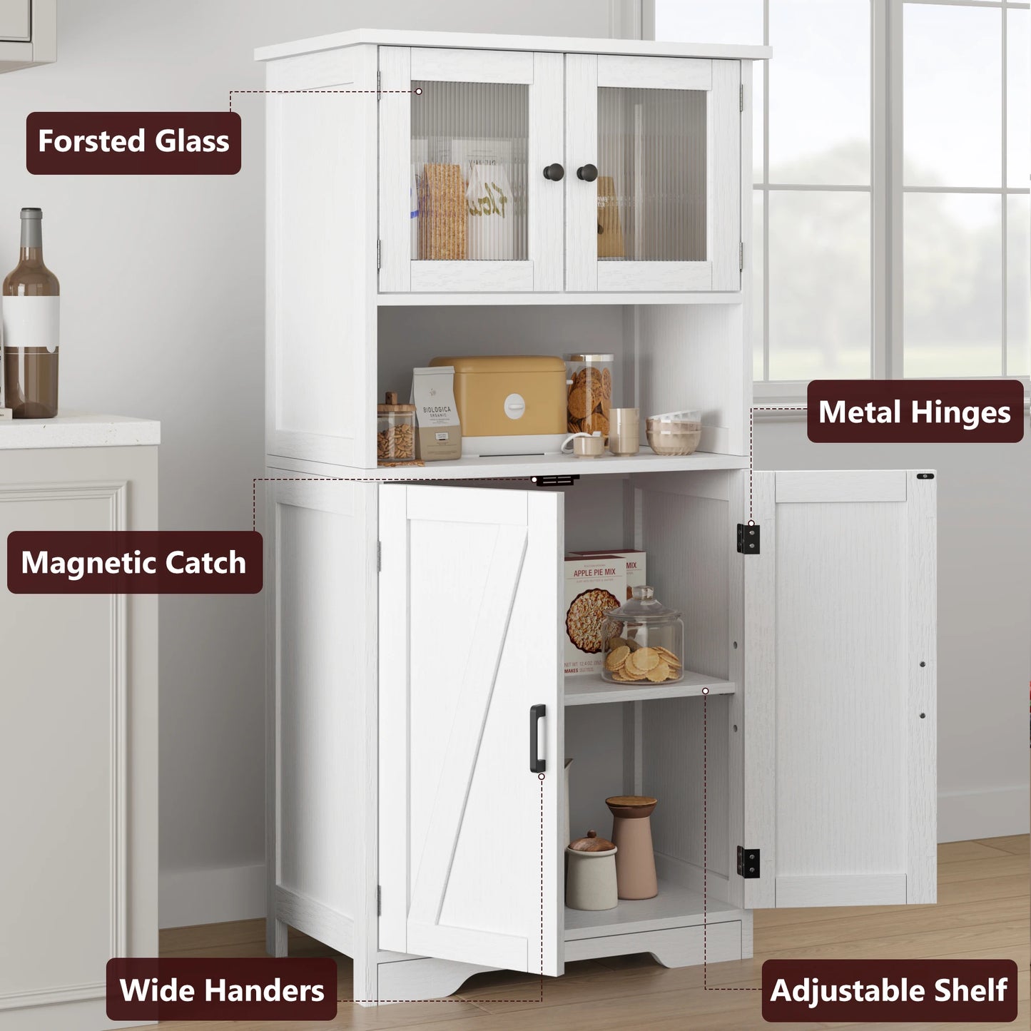 Kitchen Pantry Cupboard with Tempered Glass Doors
