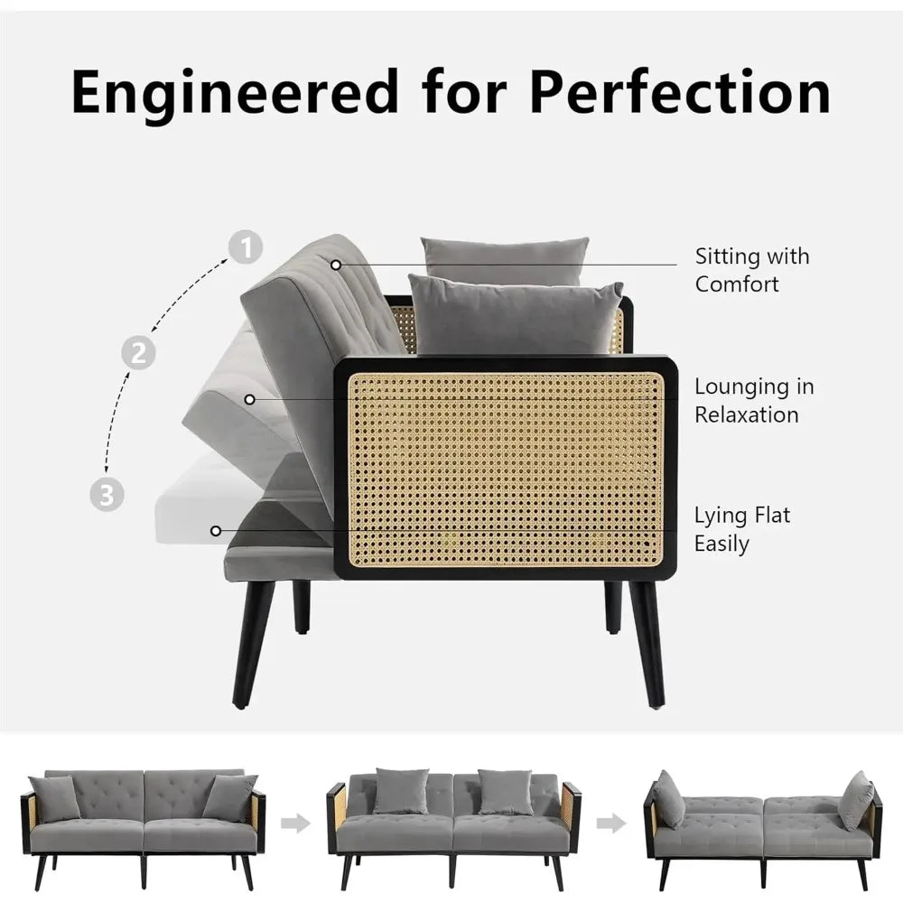 Velvet Loveseat Sofa with Rattan Armrests and 2 Pillows, Modern Convertible