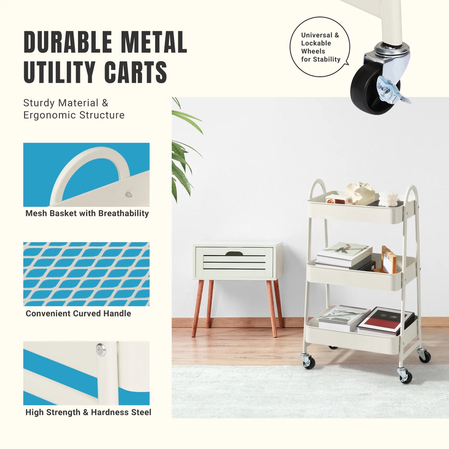 3 Tier Metal Kitchen Storage Cart