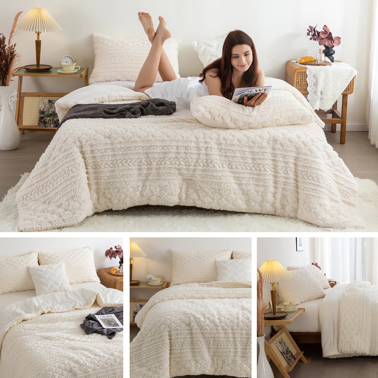 Boho Ivory Sherpa Fleece Comforter Set, Queen, King, Twin