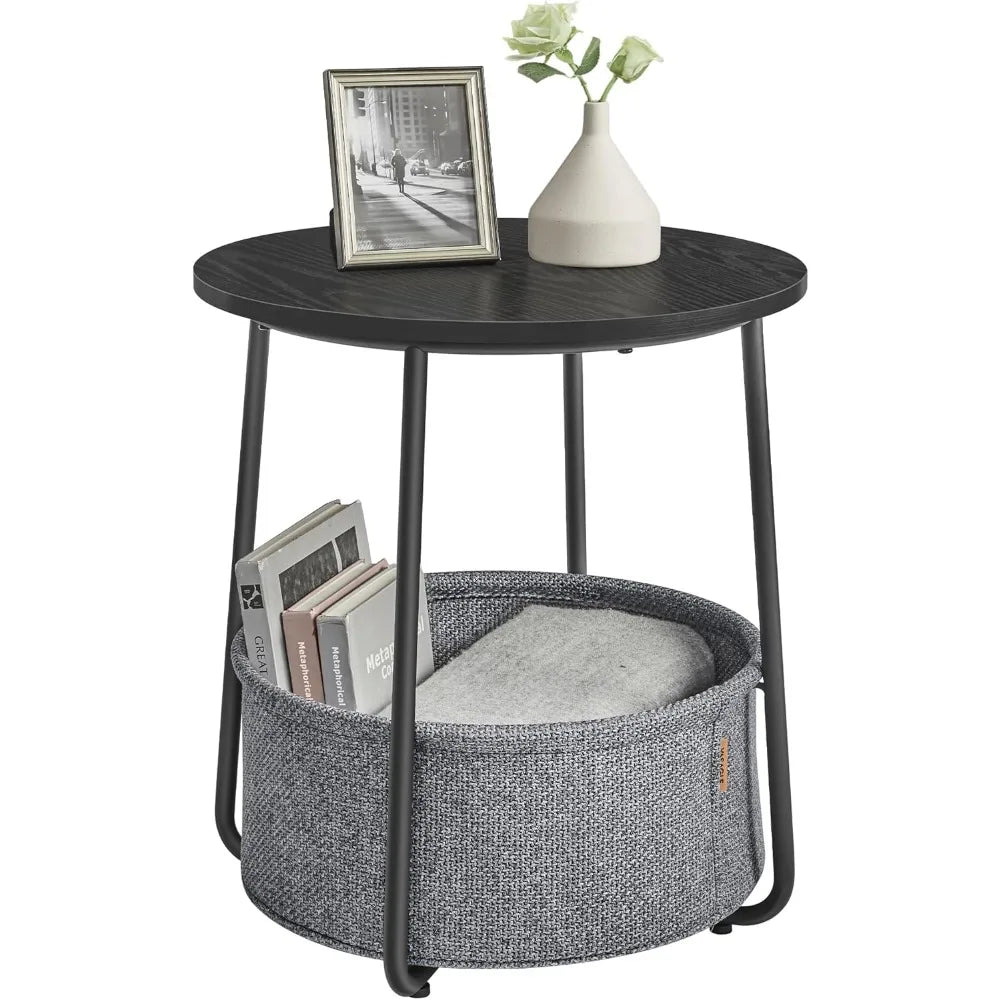 Modern Round Side Table, with Fabric Basket