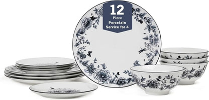 12-Piece Porcelain Dinnerware Set , Plates and Bowls Set, Dish Set for 4, Microwave and Dishwasher Safe, Black