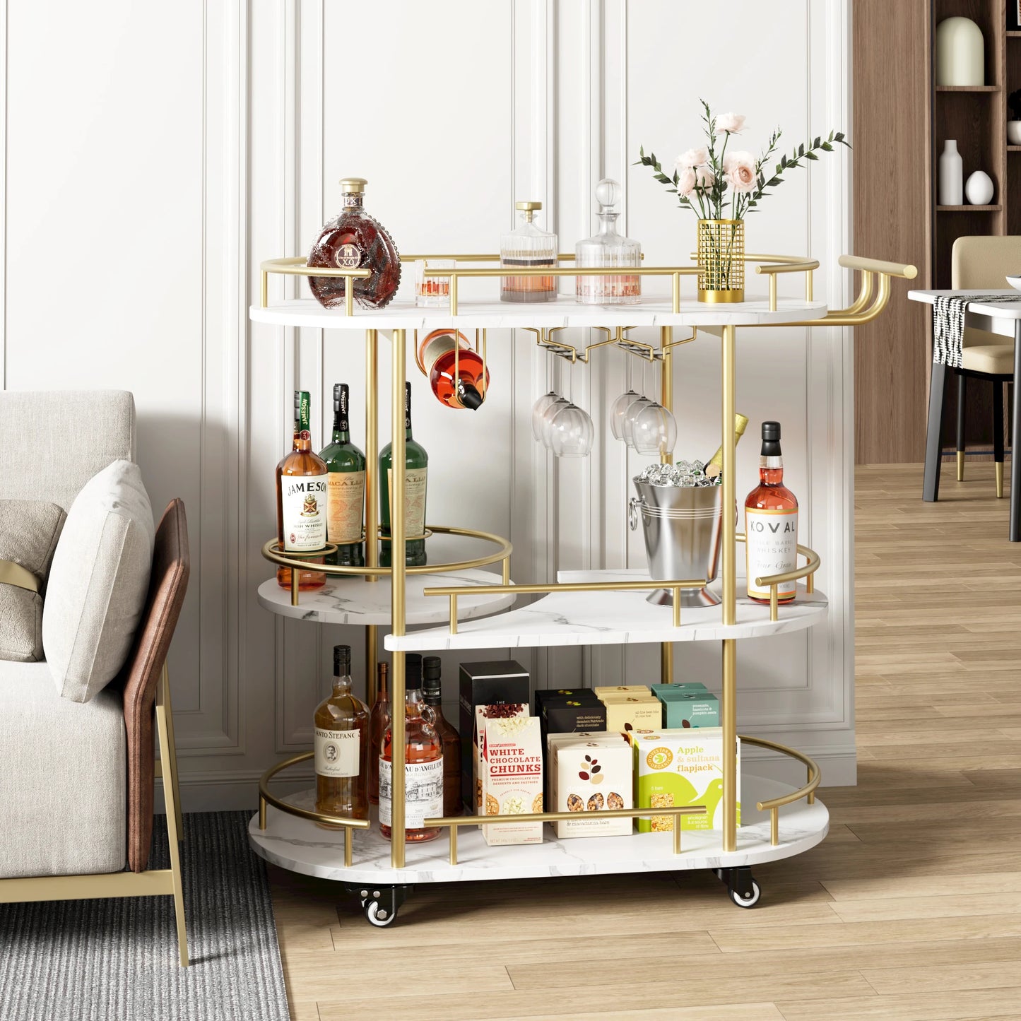 Mobile Bar Cart with 3-Tiers of Storage Shelves