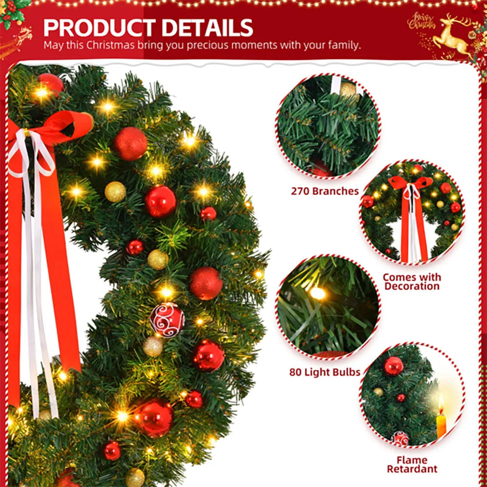 36-inch Lighted Christmas Wreath Artificial Xmas Wreath with 80 Warm Lights and 270 PVC Tips and 18 DIY Ornaments