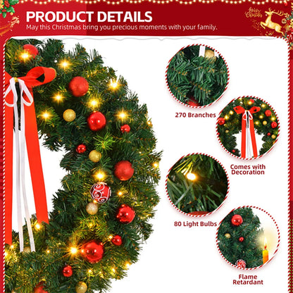 36-inch Lighted Christmas Wreath Artificial Xmas Wreath with 80 Warm Lights and 270 PVC Tips and 18 DIY Ornaments