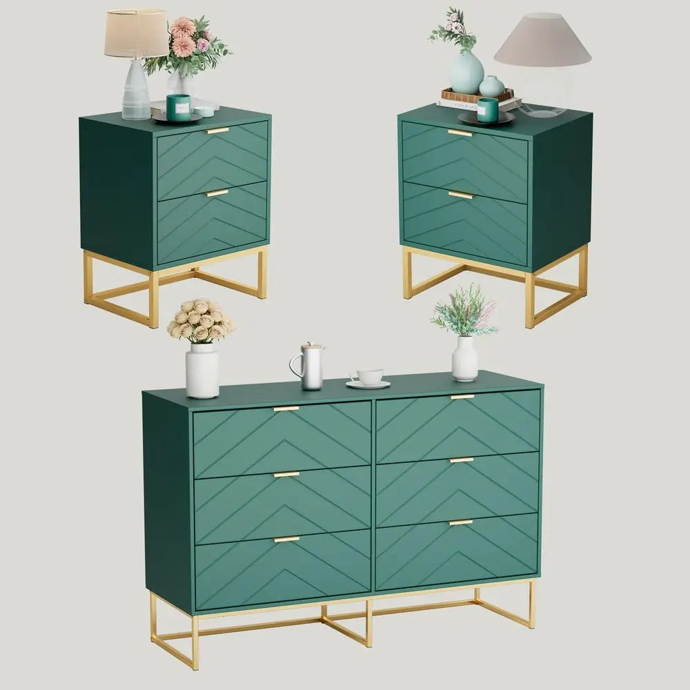 3 Pieces Bedroom Sets, 6 Drawer Dresser and Nightstand Sets for Bedroom, Night Stand Set of 2 amp 6 Drawer Dresser with Gold Ha