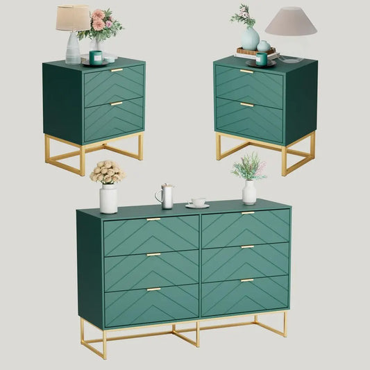 3 Pieces Bedroom Sets, 6 Drawer Dresser and Nightstand Sets for Bedroom, Night Stand Set of 2 amp 6 Drawer Dresser with Gold Ha