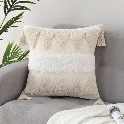 Bohemian Pillow Cover Beige with Fringe for Home Decoration