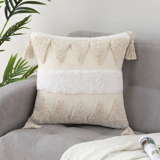 Bohemian Pillow Cover Beige with Fringe for Home Decoration