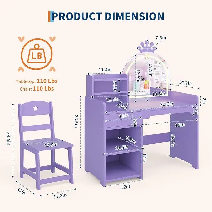 2 in 1 Princess Makeup Vanity Desk & Chair Set