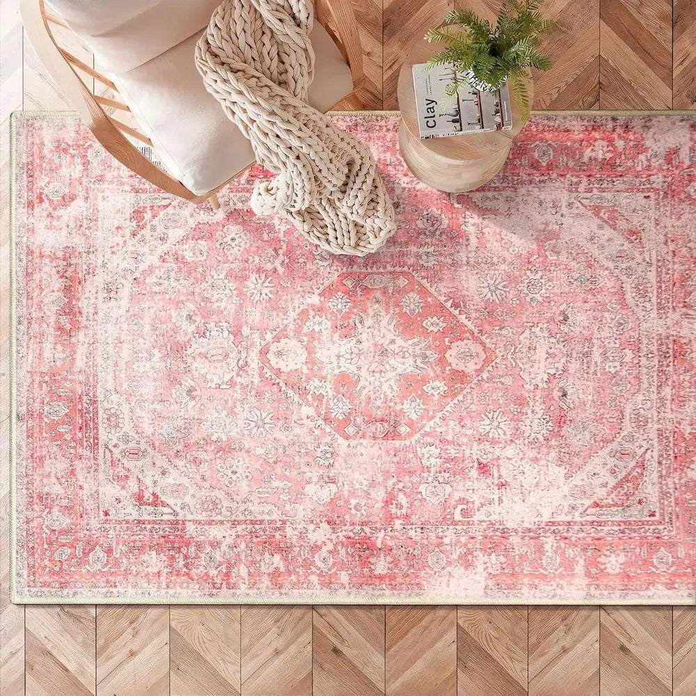 3x5ft Washable Bohemian Pink Area Rug for Girls
