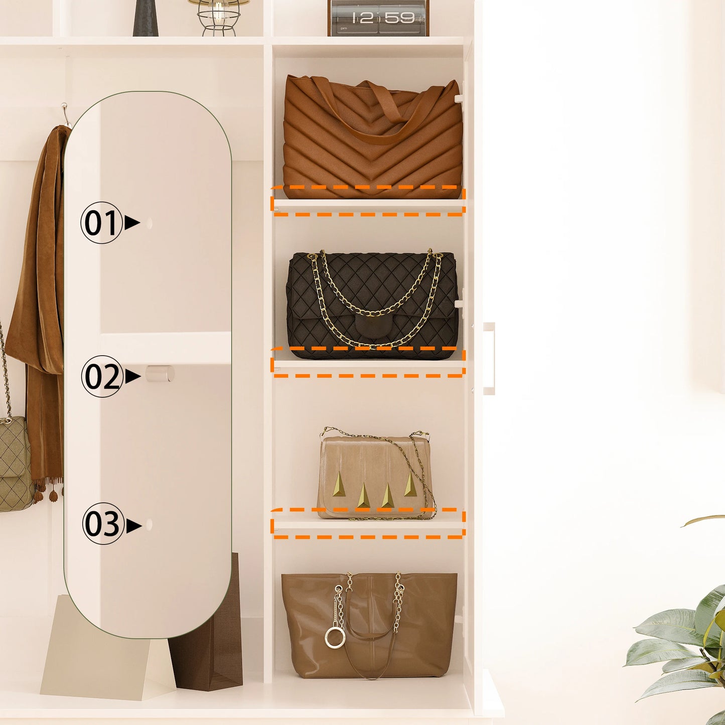 Modern 5-in-1 Hall Tree with Shoe Bench & Mirror Door