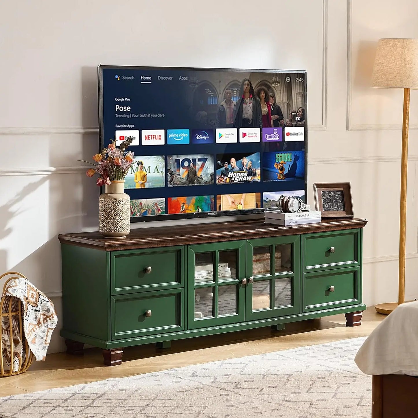Modern Green TV Stand for with 4 Drawers