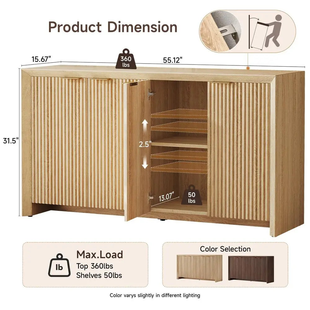 Modern Fluted Sideboard with 4 Doors and 5 Adjustable Shelves