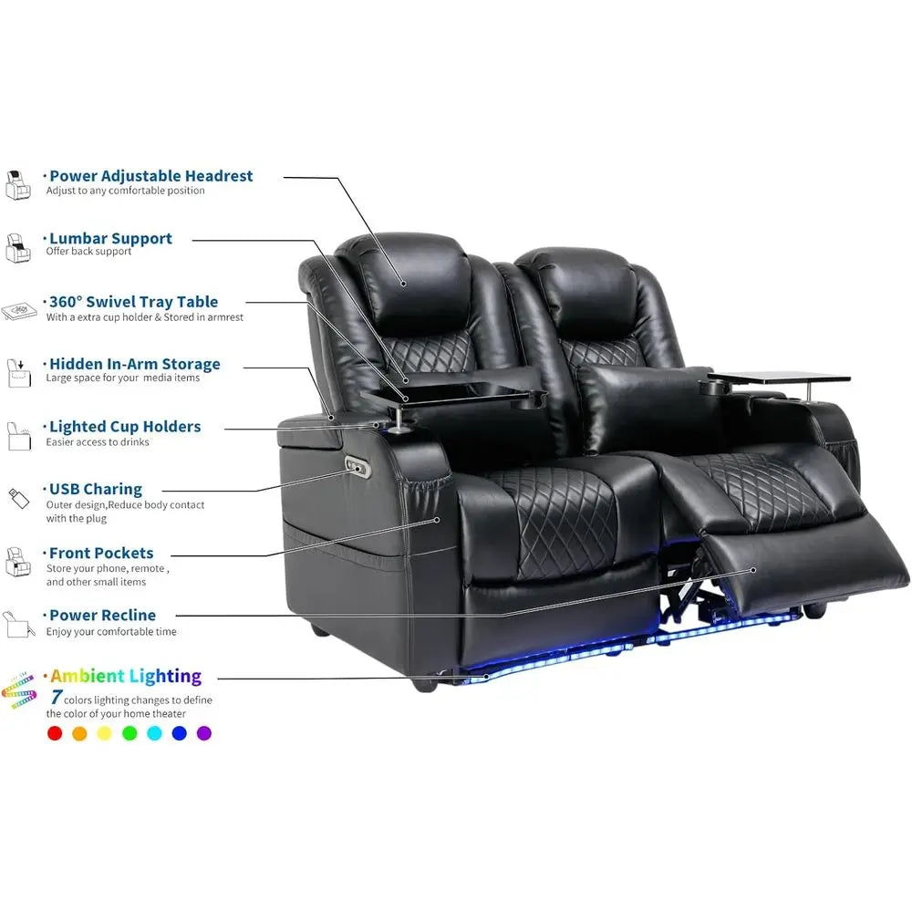 Black Theater Recliners with 7-Color Ambient Lighting
